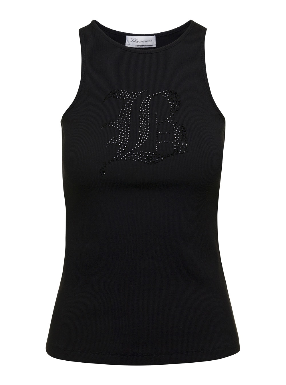 Black Ribbed Tank Top With Rhinestone Logo In Cotton Woman