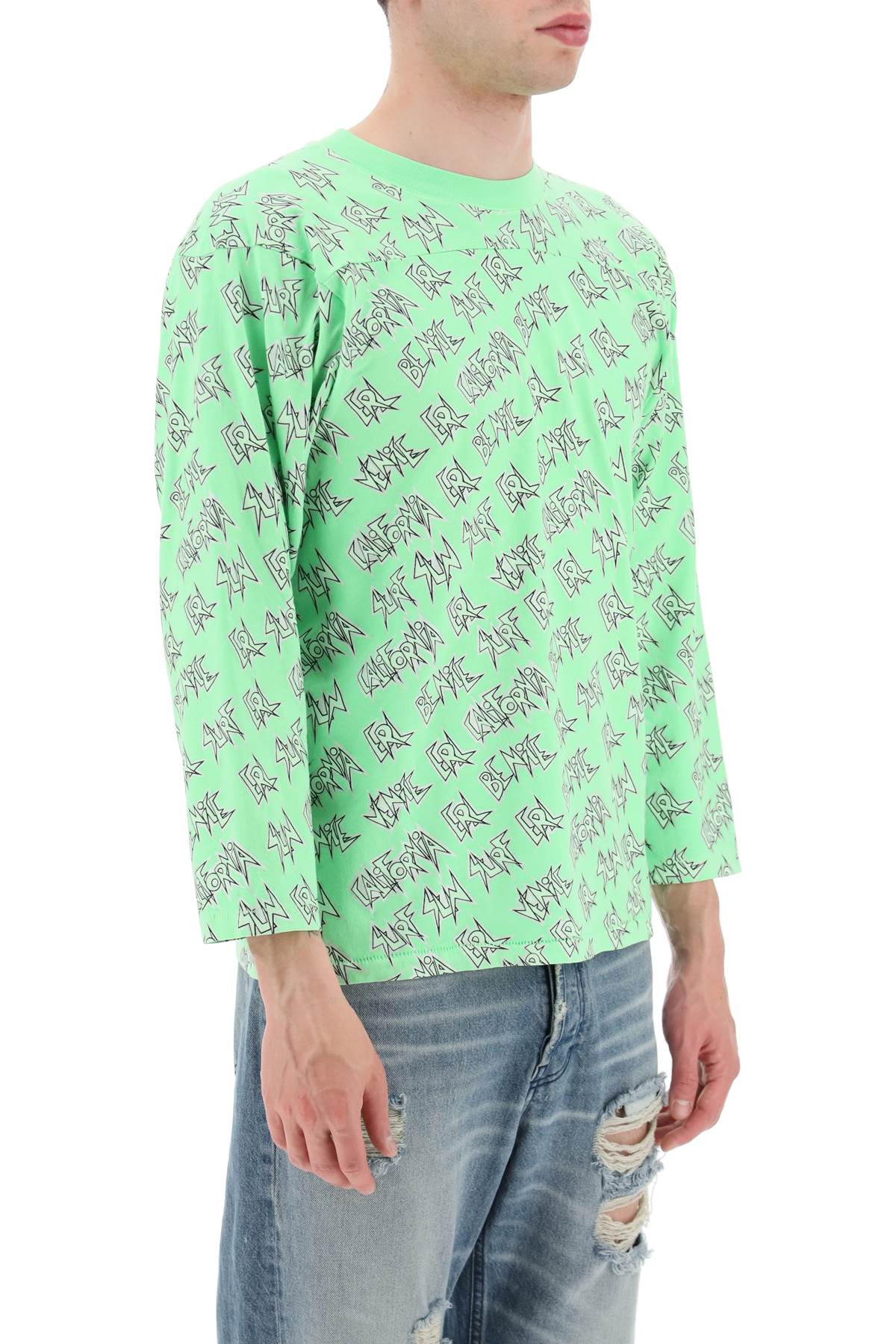 Shop Erl Waffle Long Sleeved T-shirt With All-over Print In Green 2 (green)