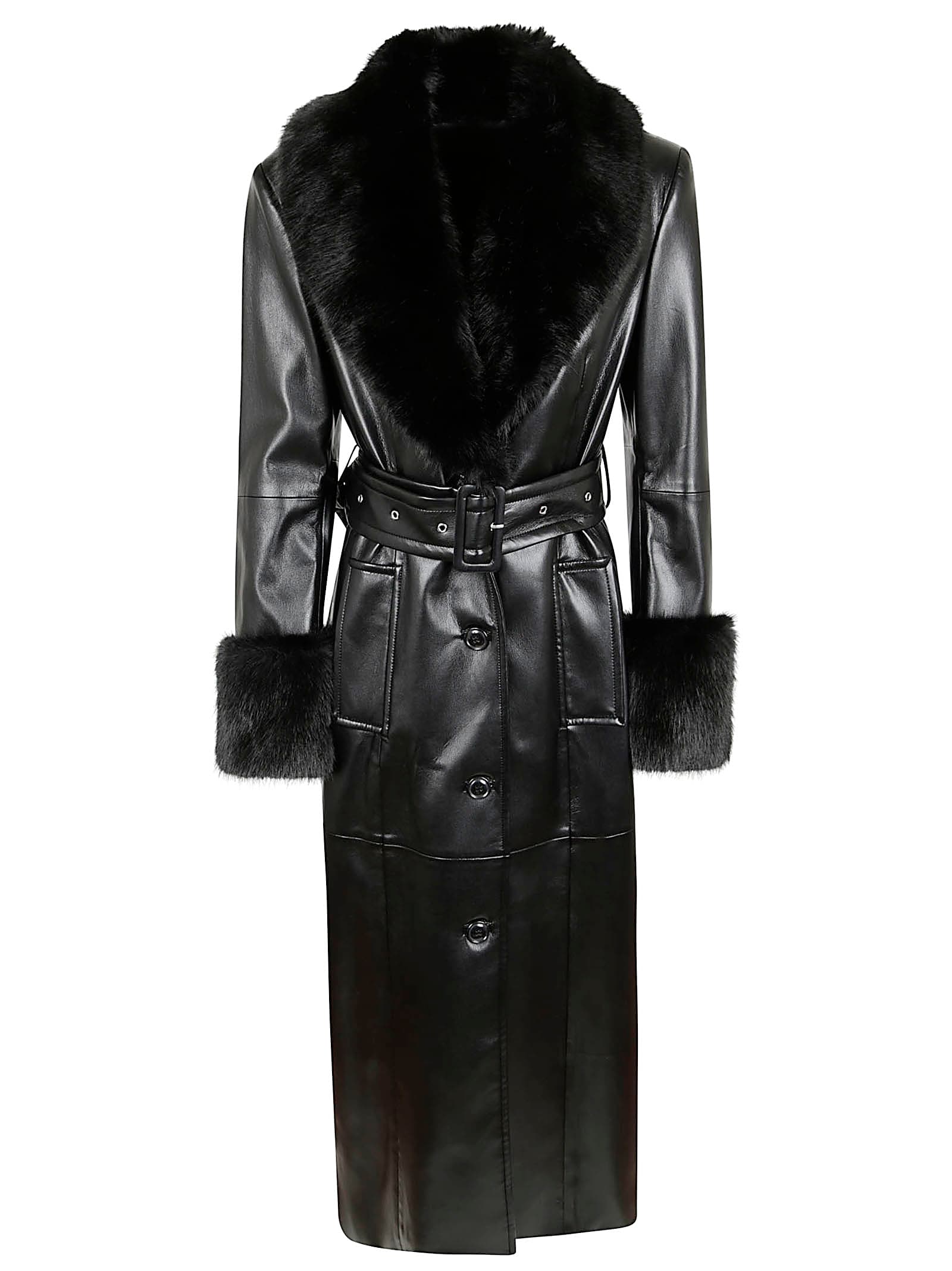 Stand Studio Black Long Coat With Plush Fur Collar And Tailored Belt In Black