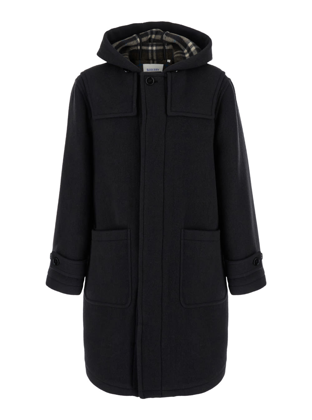 Shop Burberry Black Hooded Coat With Patch Pockets In Wool Man