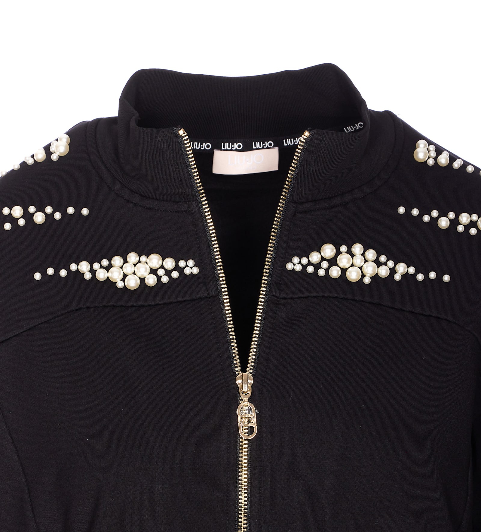Liu •jo High Collar Black Sweatshirt With Pearl Embellishments In Black