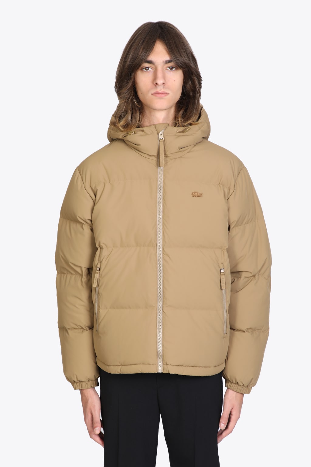 Lacoste Blusone Beige nylon hooded puffer jacket.