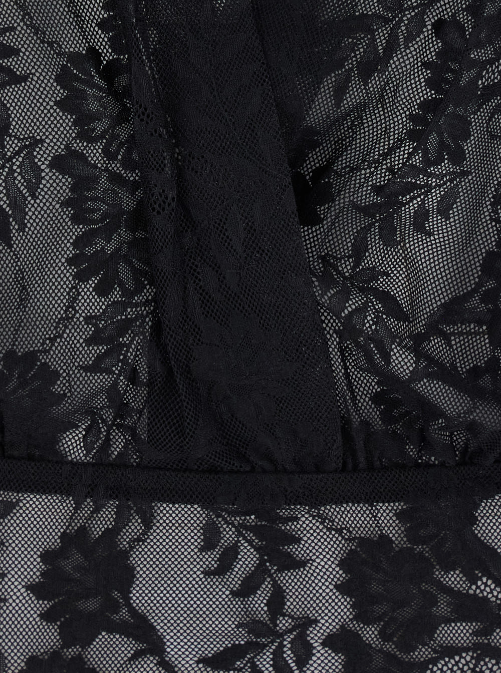 Norma Kamali Black Bodysuit With Plunging V Neck And All-over Floral Embroidery In Tech Fabric Stretch Woman In Black