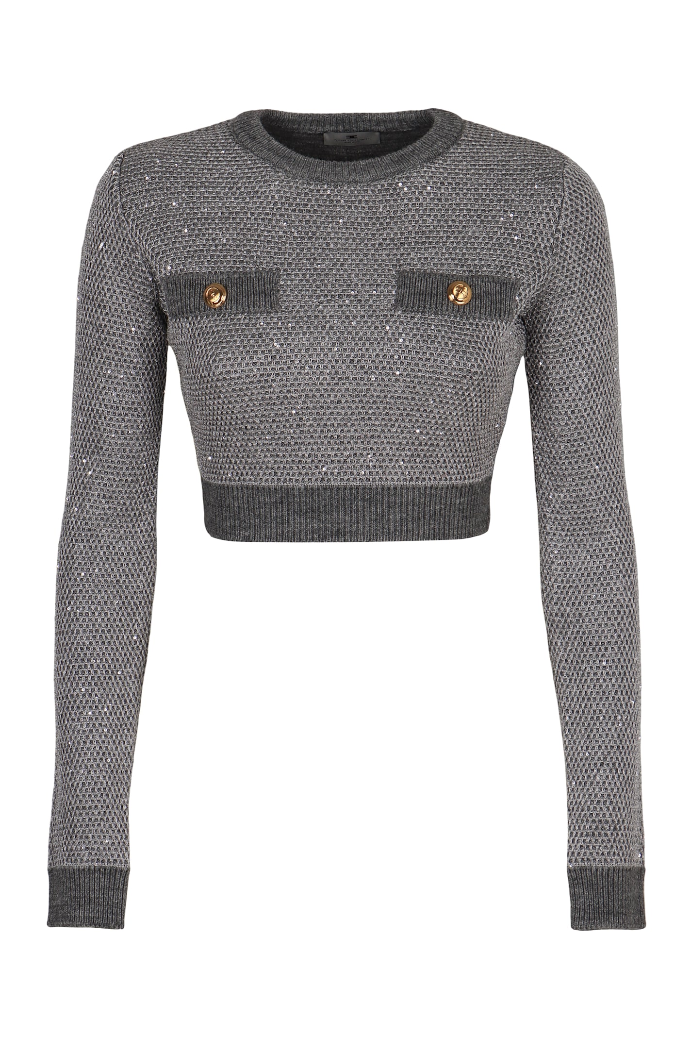 Elisabetta Franchi Cropped Grey Melange Sequin Sweater With Jewel Buttons In Gray