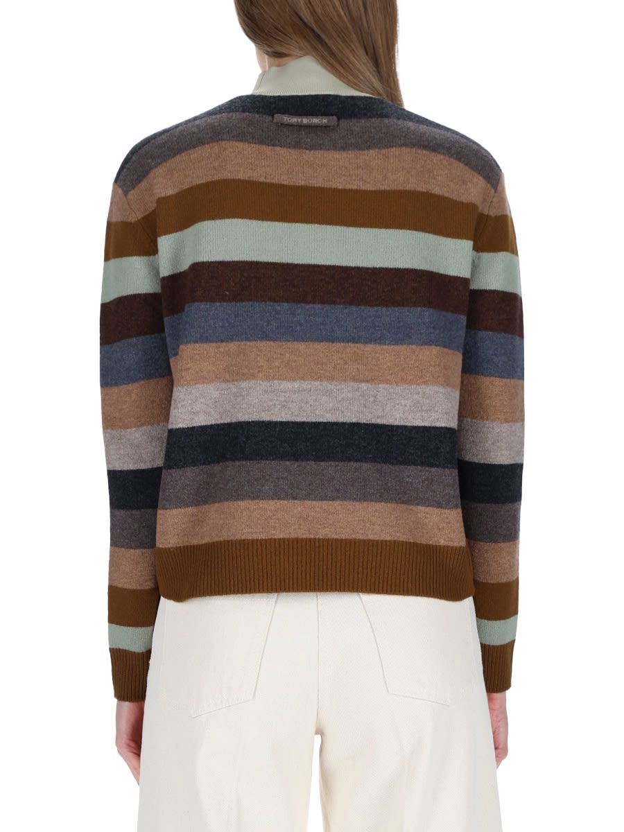 Tory Burch Multicolor Sweater With Striped Design And Back Logo Patch In Wool Woman In Multi