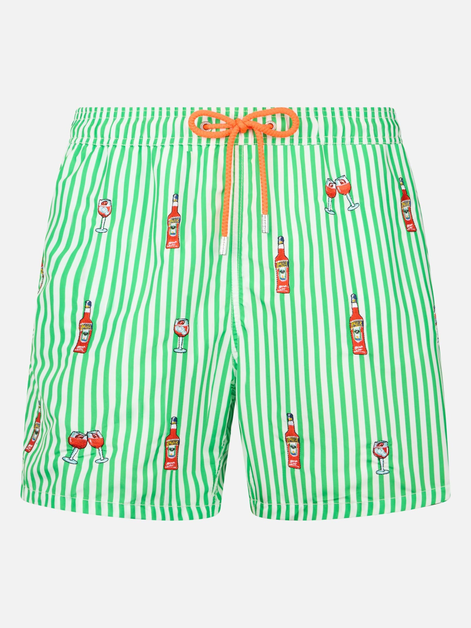 Mc2 Saint Barth Man Mid-length Striped Gustavia Swim-shorts With Aperol Spritz Embroidery Aperol Special Edition In White