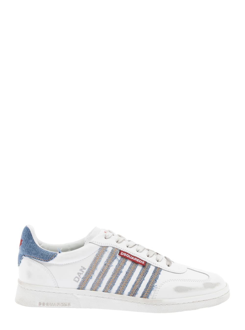 Dsquared2 White Low Top Sneakers With Logo Patch On Tongue And Side And Contrasting Heel With Logo In Leather