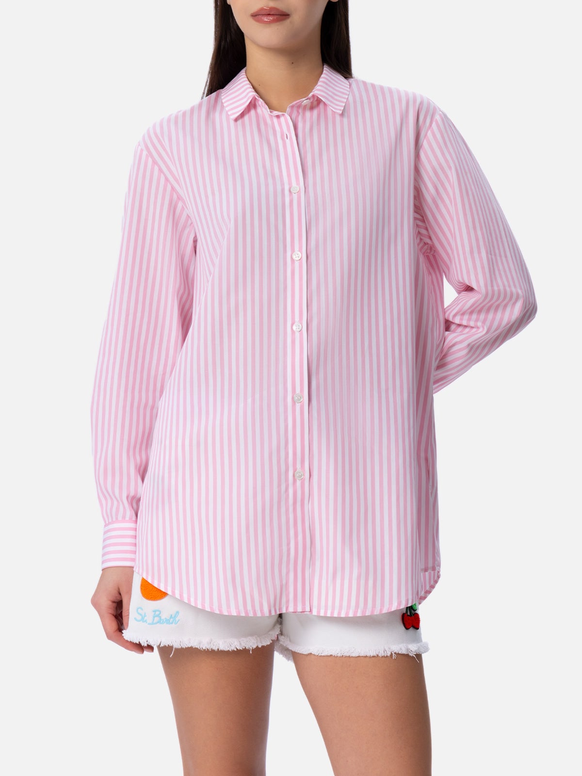 Shop Mc2 Saint Barth Woman Print Cotton Shirt Brigitte With Striped Print In Pink