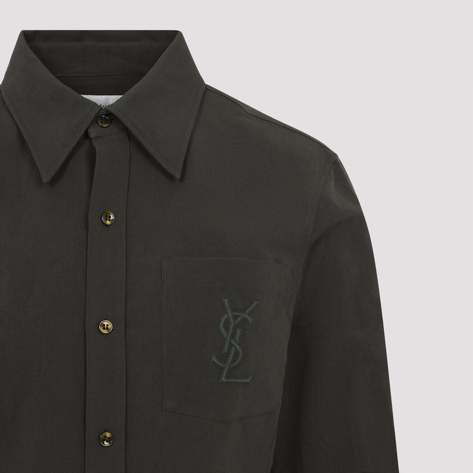 Saint Laurent Logo Embroidered Long-sleeved Shirt In Kaki