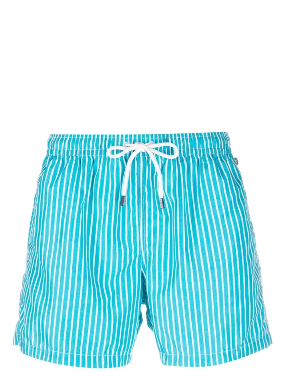 Shop Fedeli Light Blue And White Striped Swim Shorts
