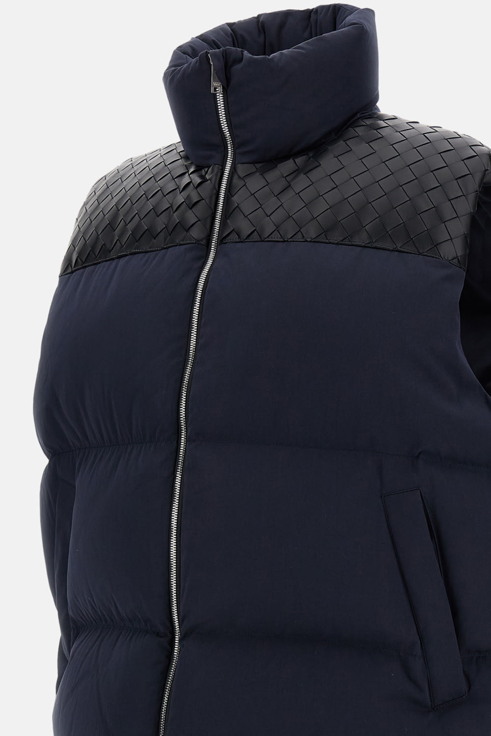 Bottega Veneta Padded Vest With Intrecciato Leather Details In Blue