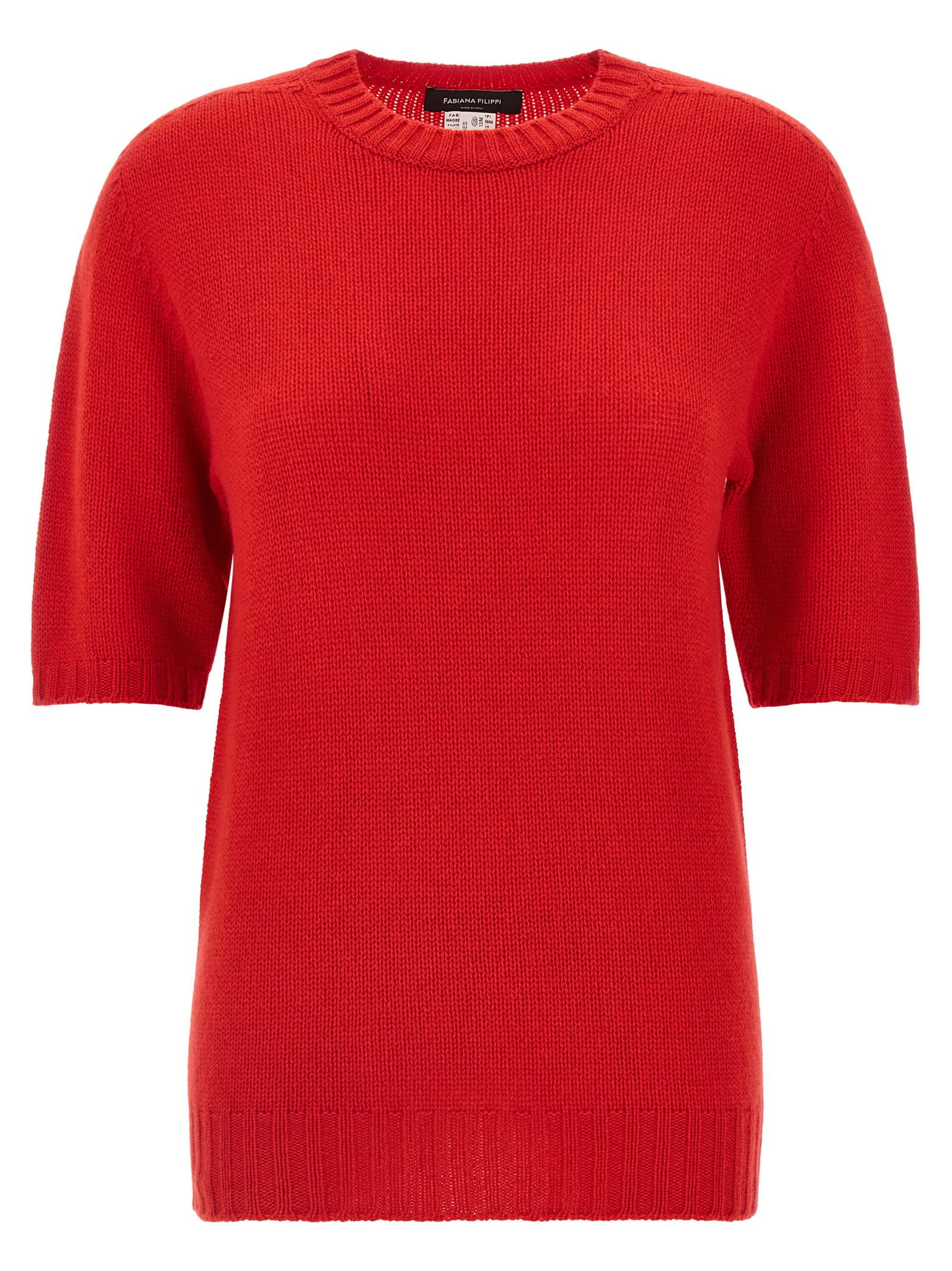 Fabiana Filippi Short-sleeved Cashmere Sweater With Ribbed Trims In Red