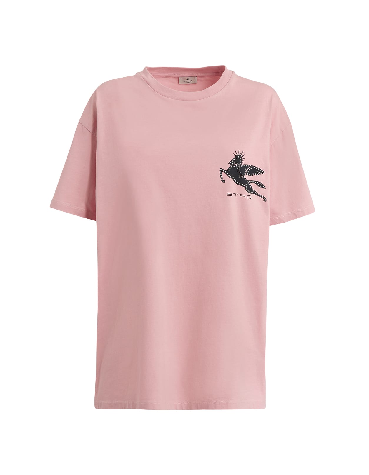 Etro Woman Pink Oversize T-shirt With Pegasus And Studs