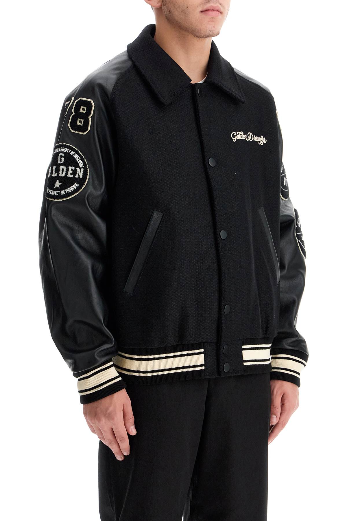 Shop Golden Goose Wool Bomber Jacket With Patch Details In Black/beige (black)