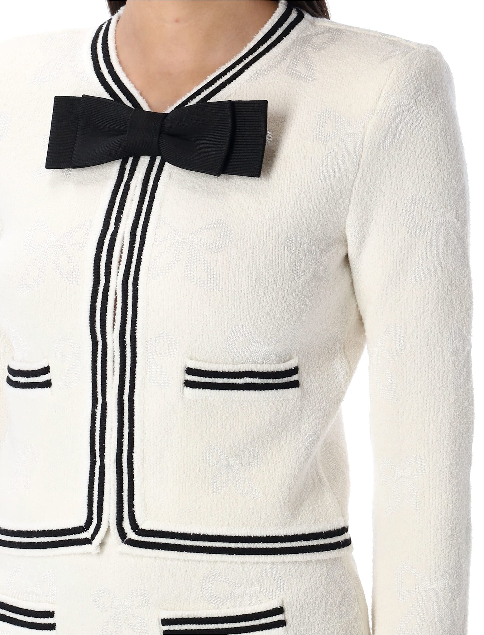 Self-portrait Beige Cardigan With Bow Detail On The Front And Contrasting Trims In Cotton Blend Woman In Cream