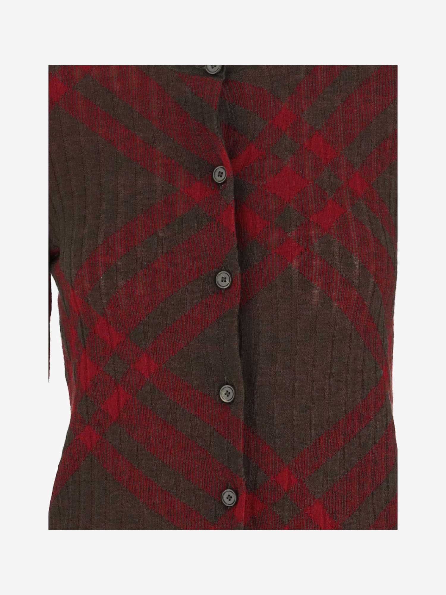 Shop Burberry Wool Blend Cardigan With Check Pattern In Red