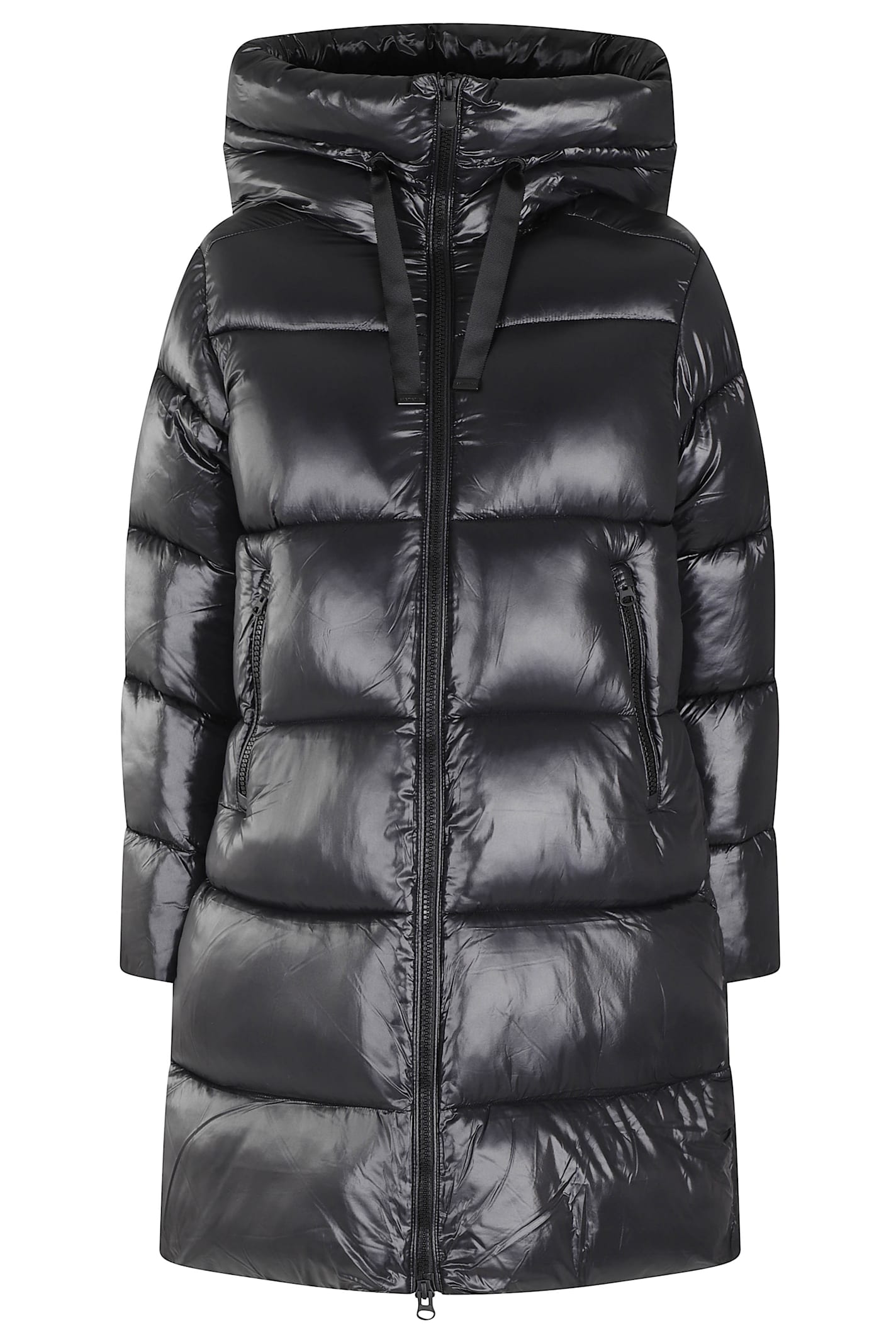 Save The Duck Long Quilted Down Jacket With High Collar And Plumtech Insulation In Black