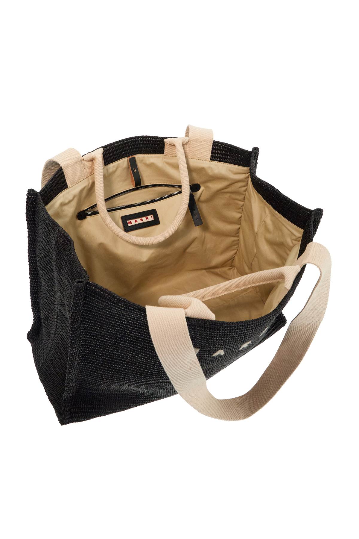 Shop Marni Fabric Rafia Effect Shopping Bag In Black/natural