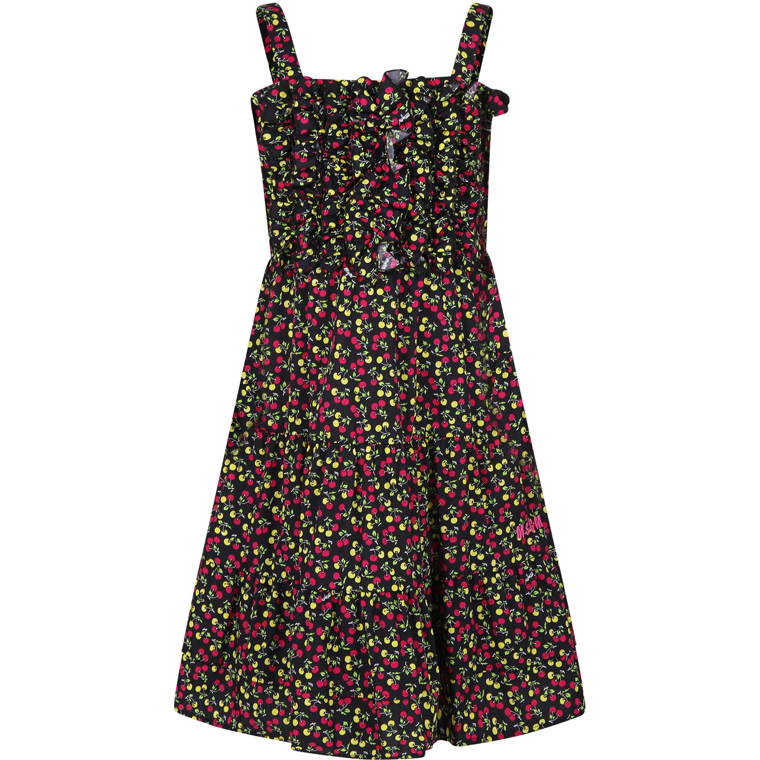 Msgm Kids' Black Dress For Girl With Cherry Print In Brown
