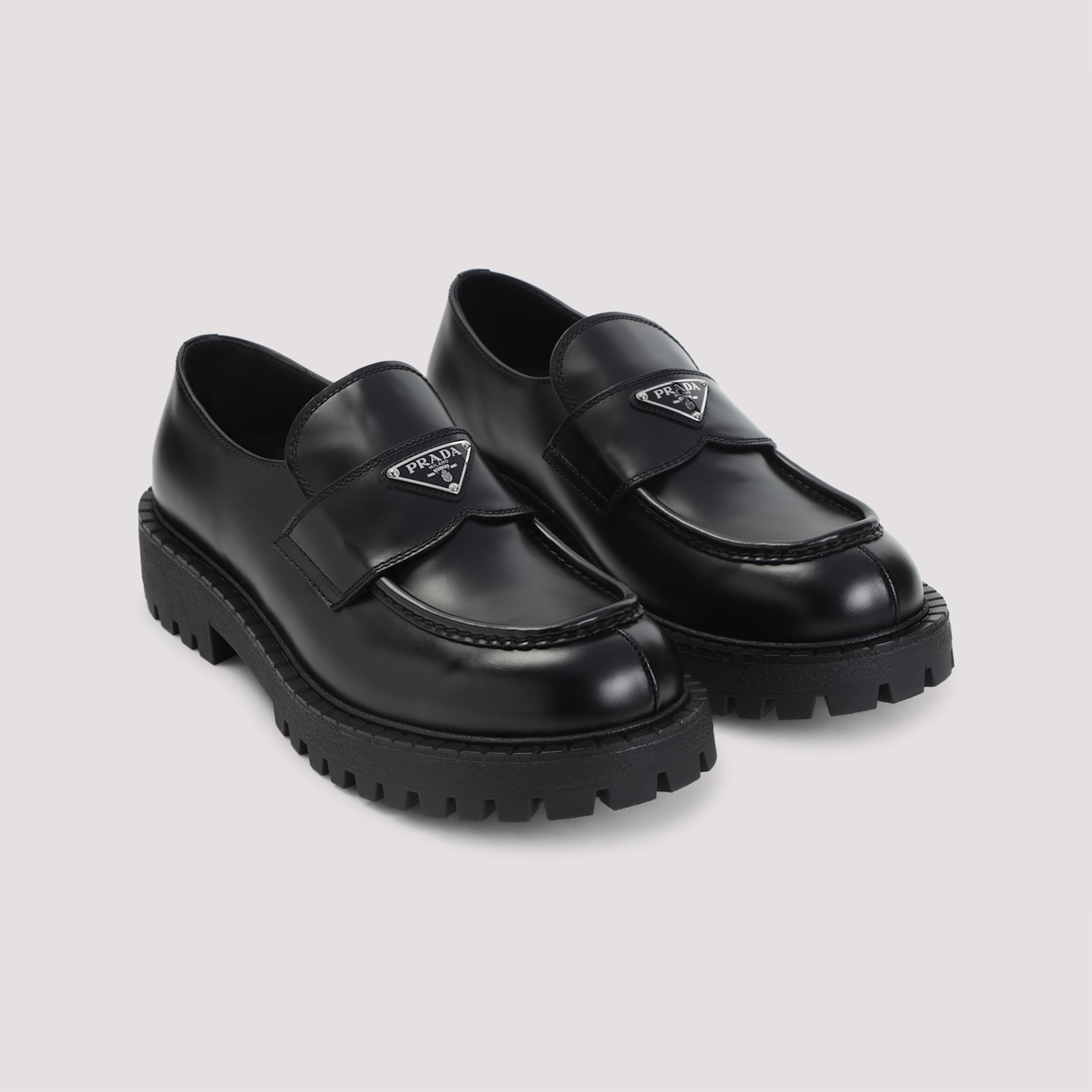 Prada Polished Black Leather Loafers With Chunky Rubber Sole In Black