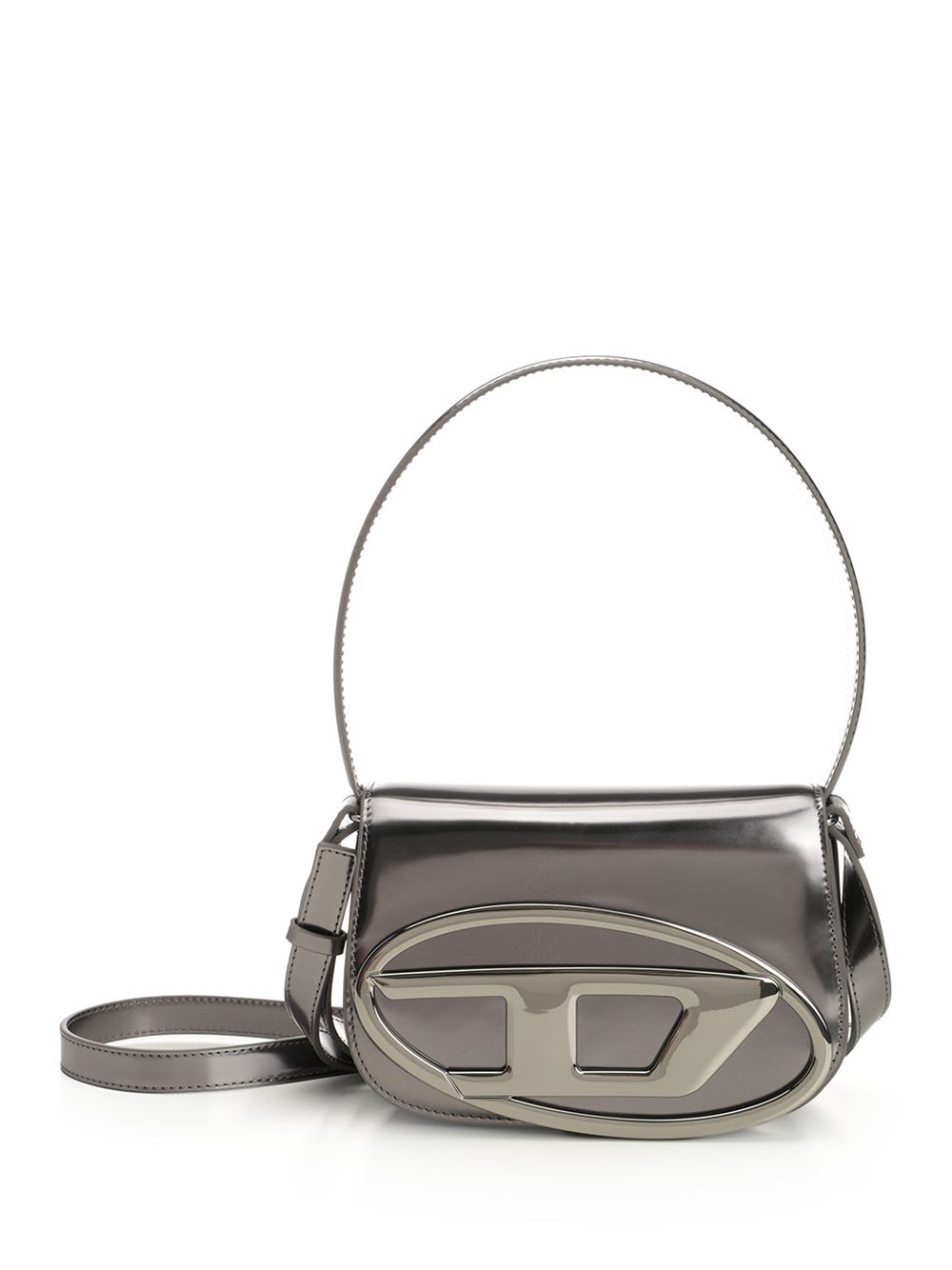 Diesel Oval-d Logo Patent Leather Shoulder Bag In Silver