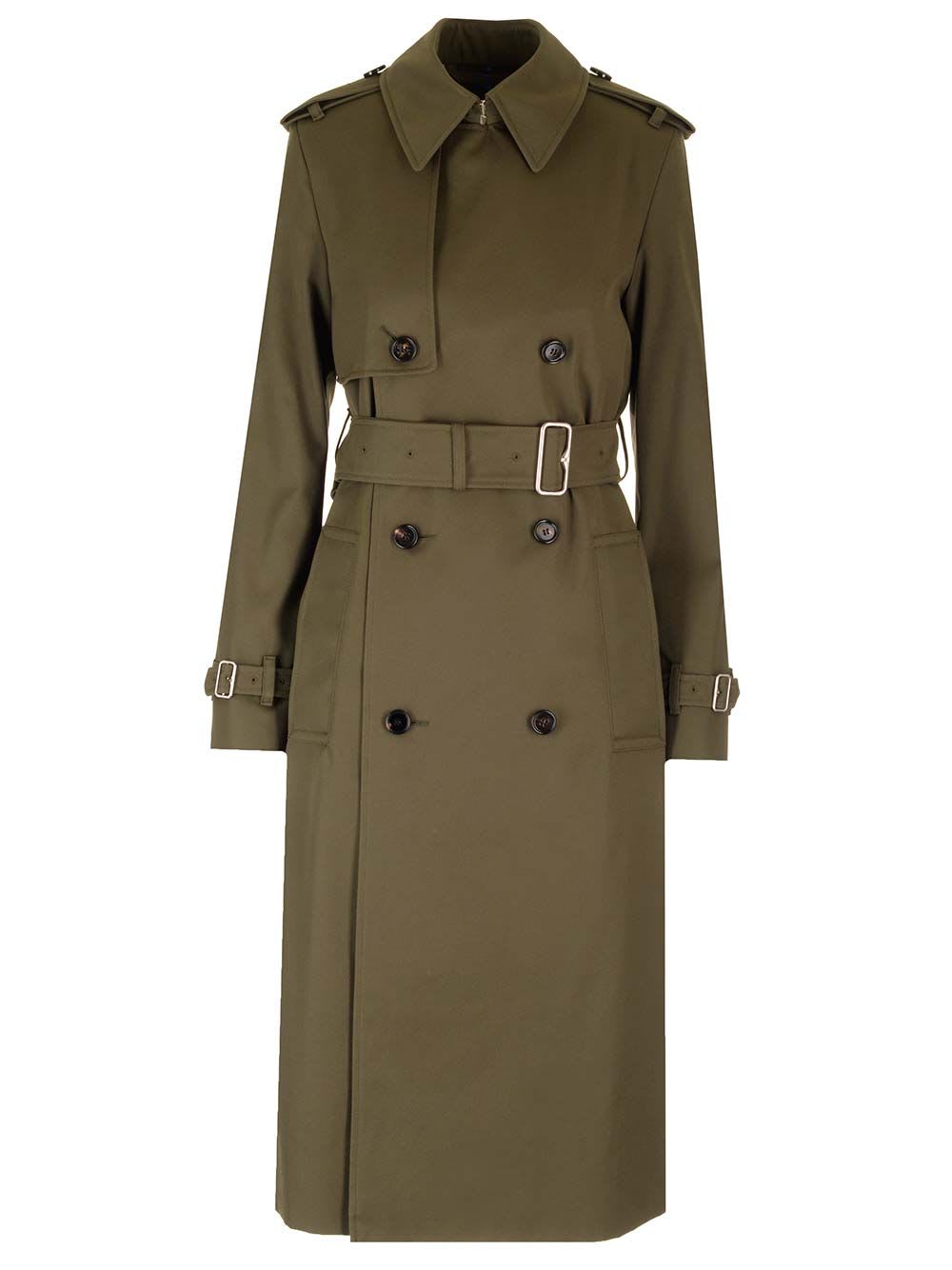 Shop Burberry Belted Double-breasted Long Trench In Green