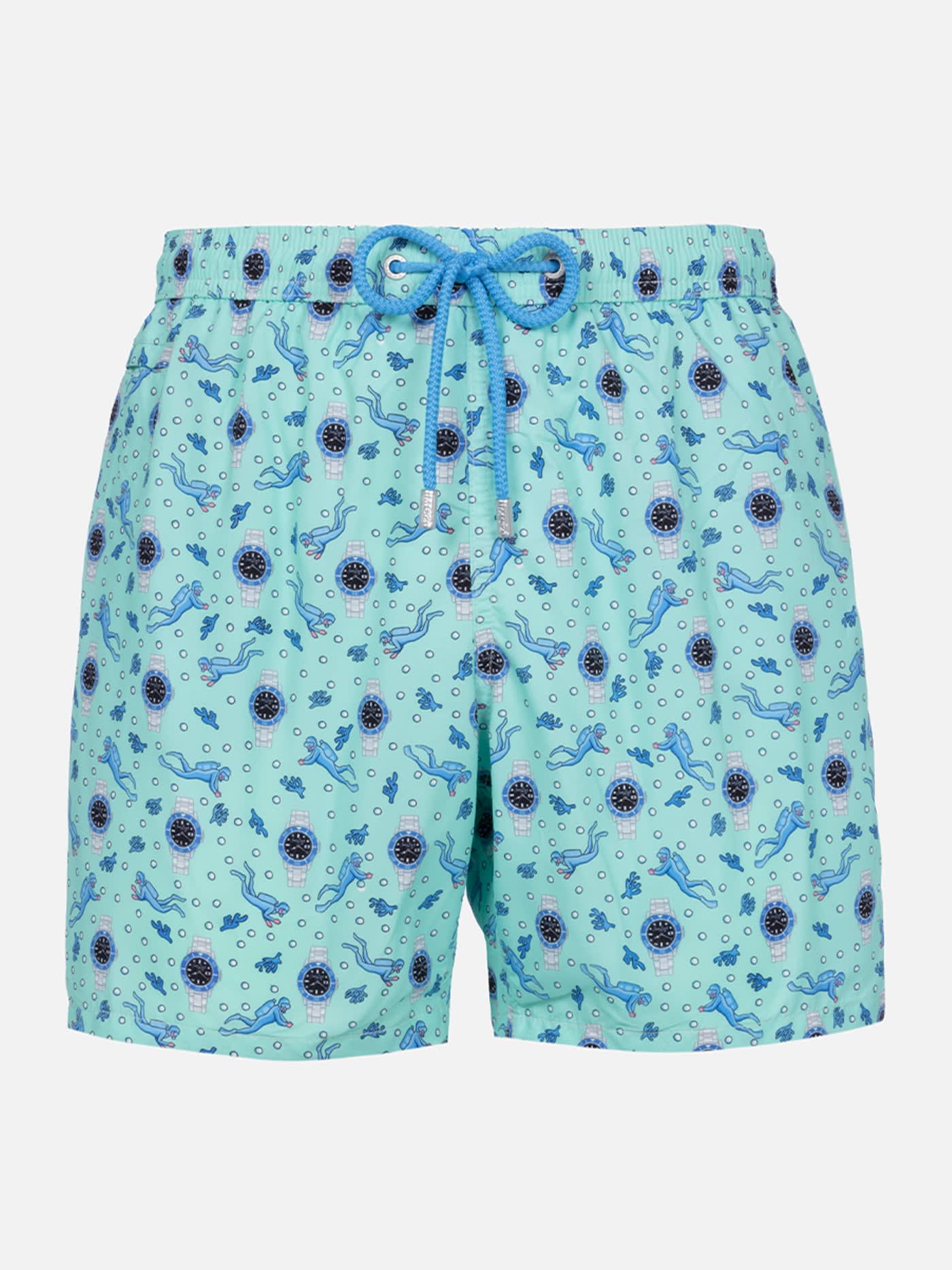 Shop Mc2 Saint Barth Man Lightweight Fabric Swim-shorts Lighting Micro Fantasy With Watches Print In Green