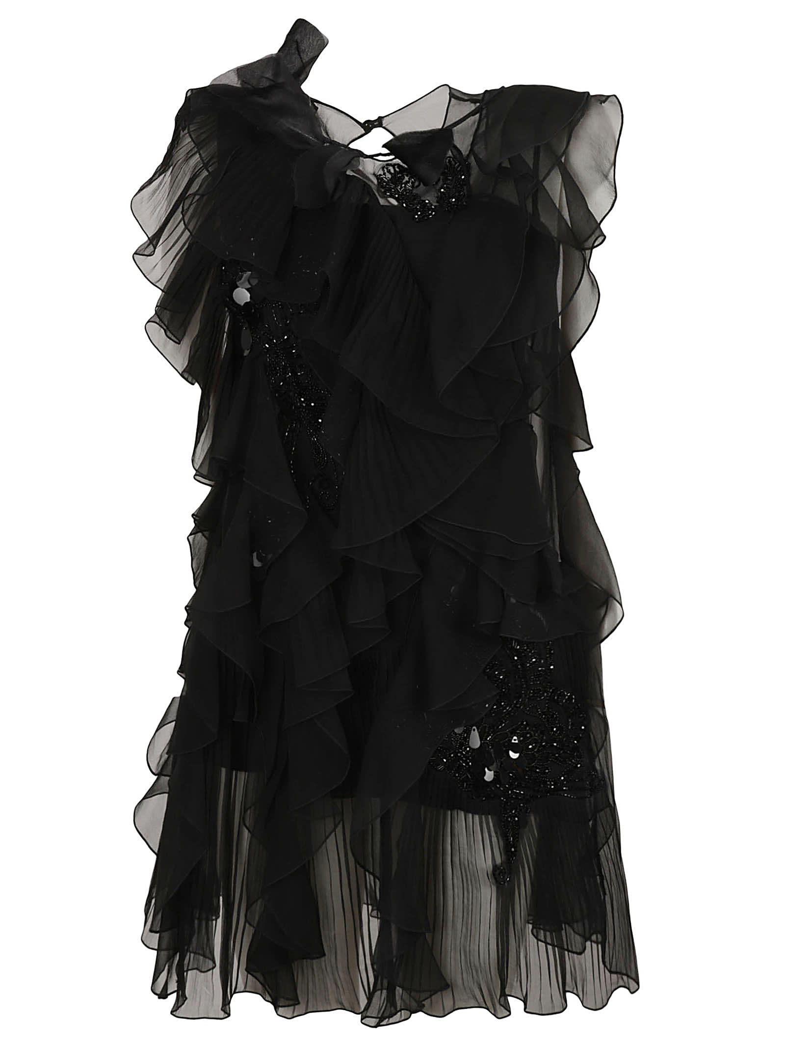 Alberta Ferretti Ruffle Detail Lace Paneled Sleeveless Dress