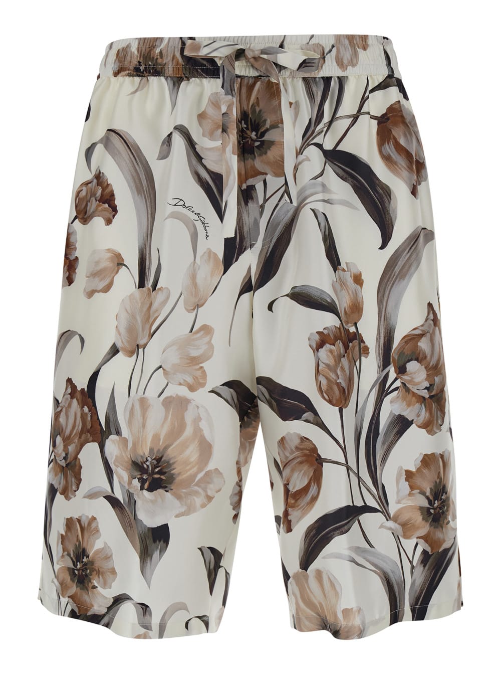 Shop Dolce & Gabbana Beige Bermuda Short With Flower Print In Silk Twill Man