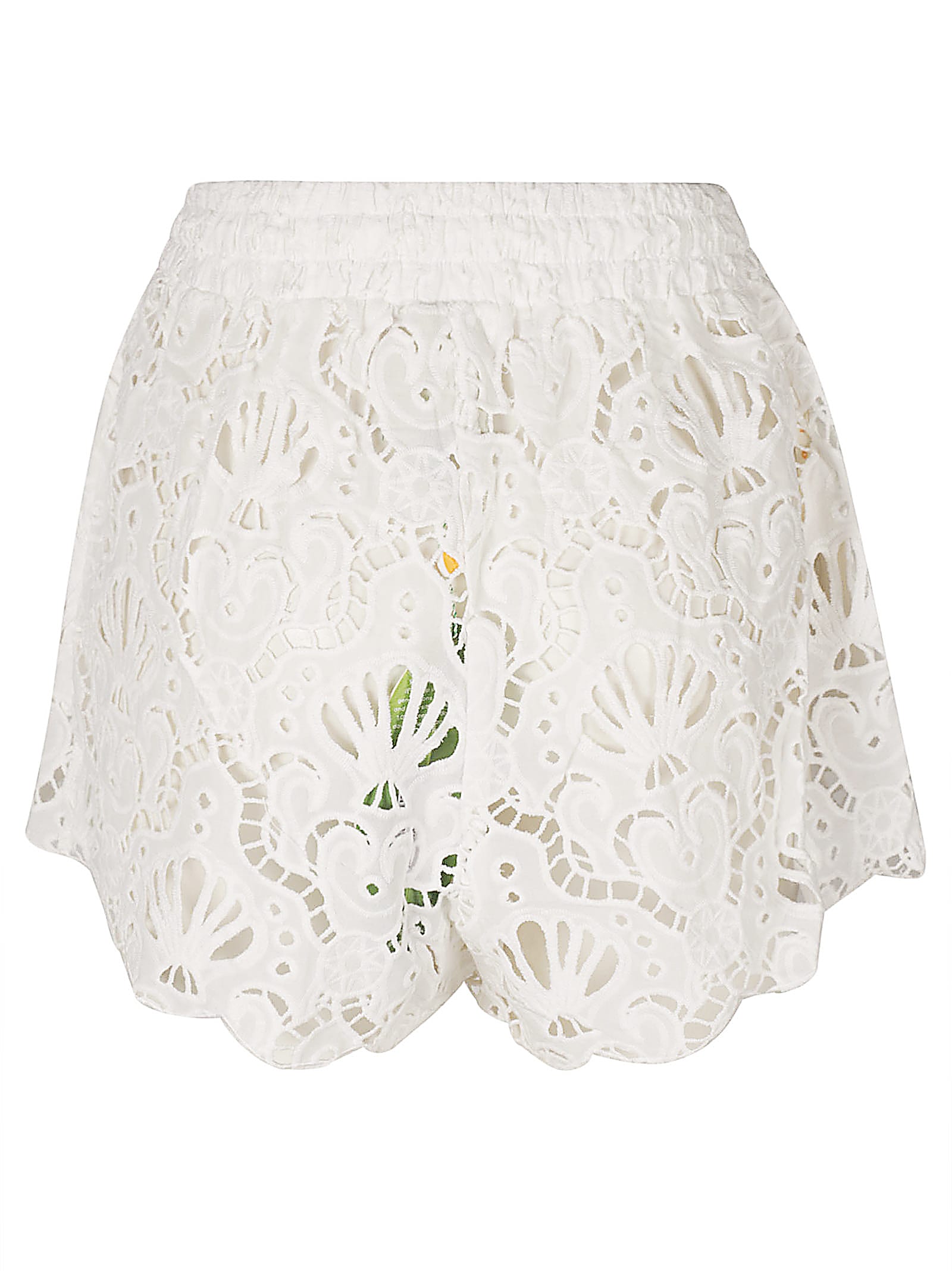 Farm Rio Seashell Embroidered Eyelet Cotton Shorts In White