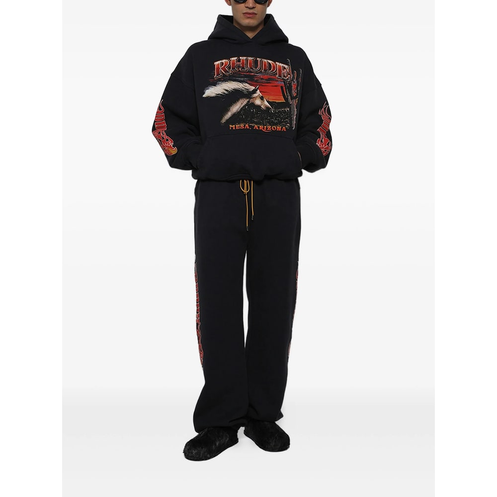 Rhude Stallion Logo-print Hooded Cotton Sweatshirt In Black