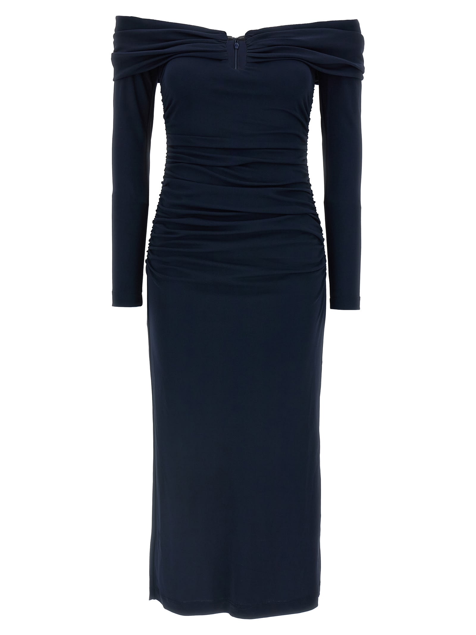 Carolina Herrera 'off-shoulder 3/4 Slv Ruched Midi' Dress In Blue