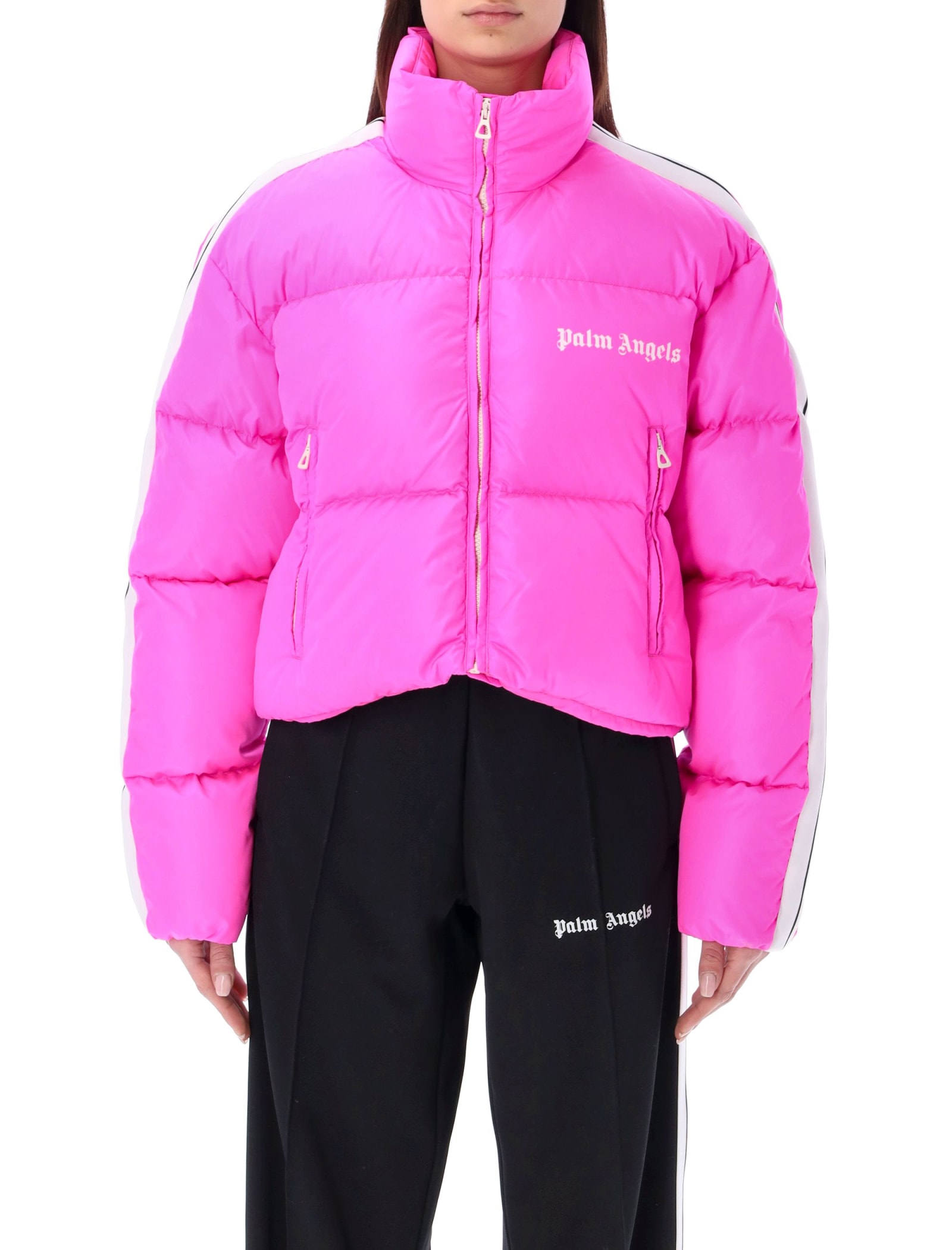 Shop Palm Angels Cropped Track Down Jacket In Fuchsia