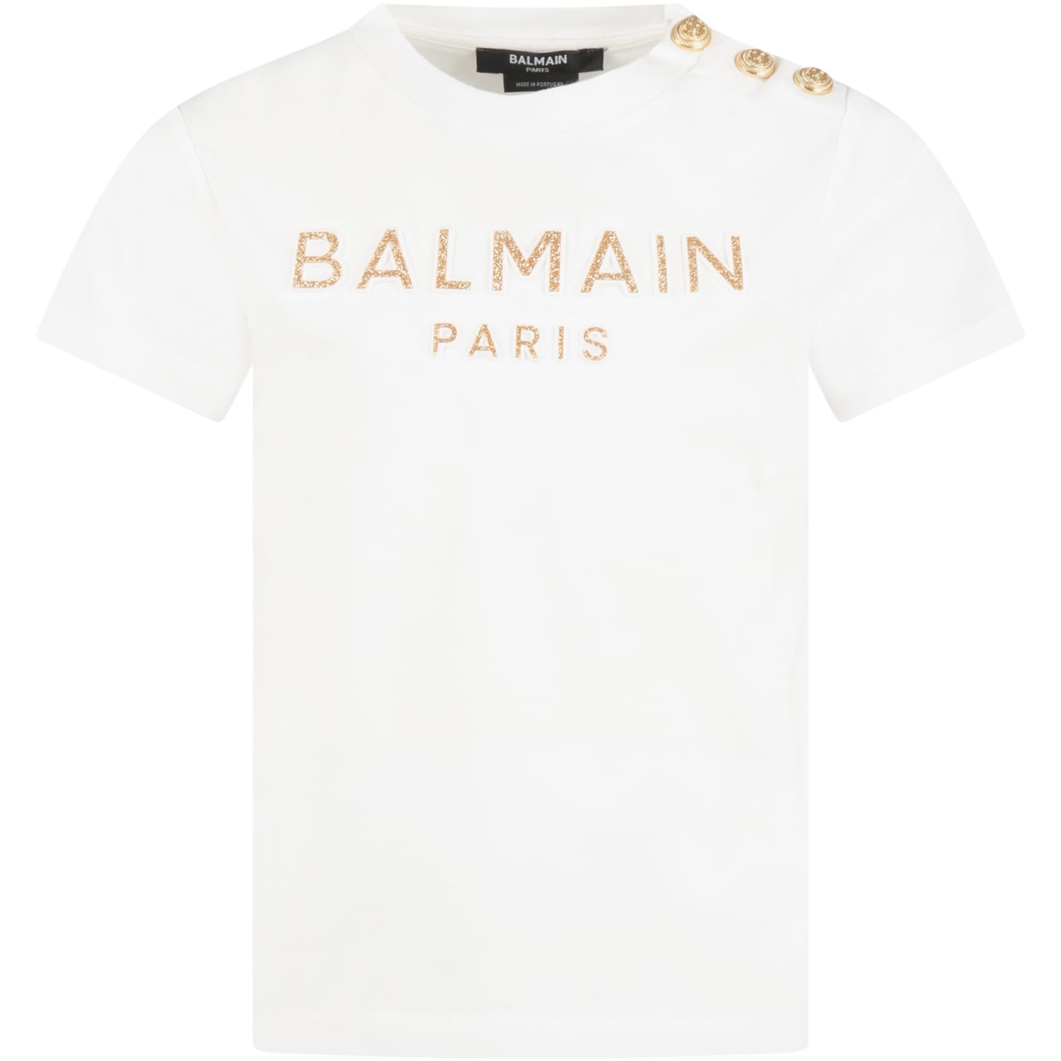 Balmain White T-shirt For Girl With Golden Logo In White