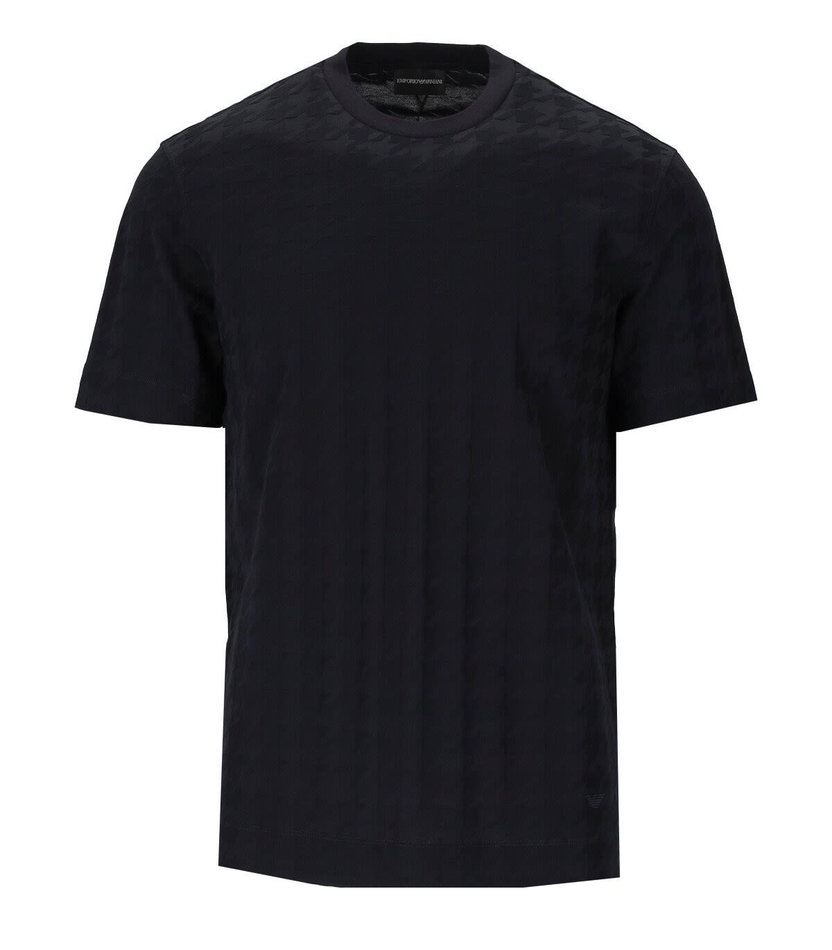 Emporio Armani Black Crewneck Logo Jacquard T-shirt In Blu