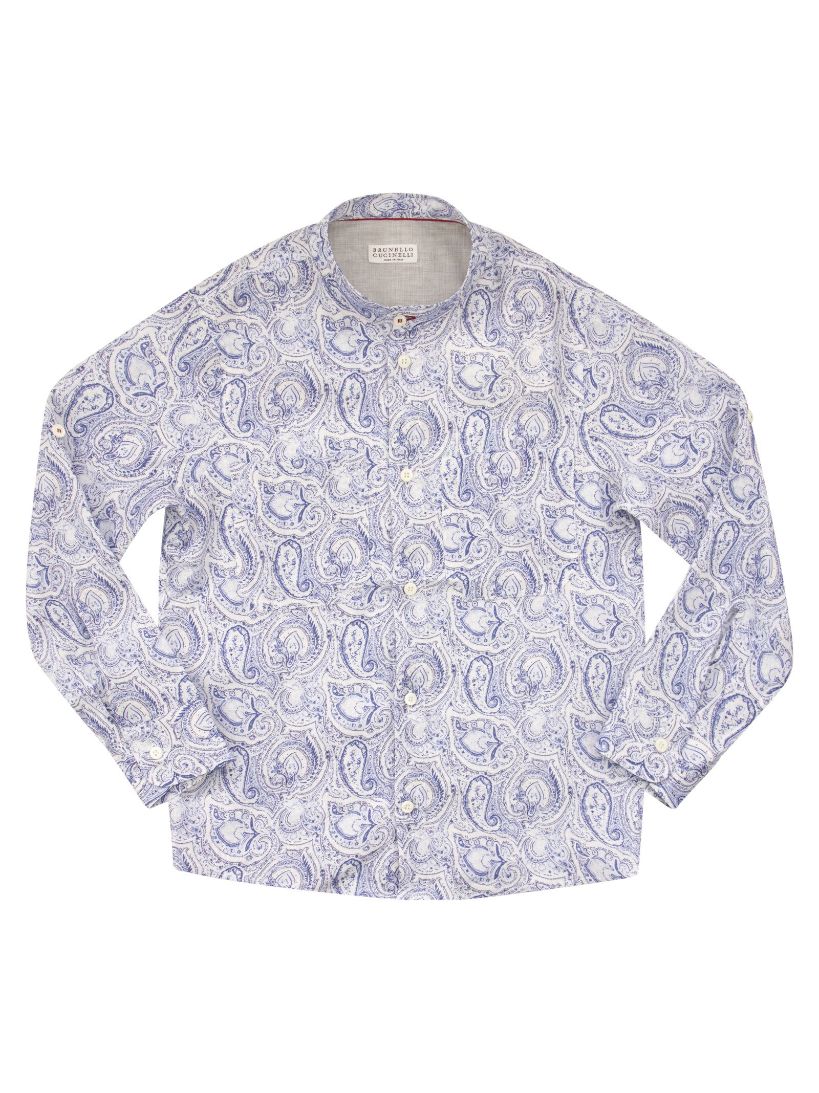 Brunello Cucinelli Paisley Print Linen Shirt With Mandarin Collar And Pockets