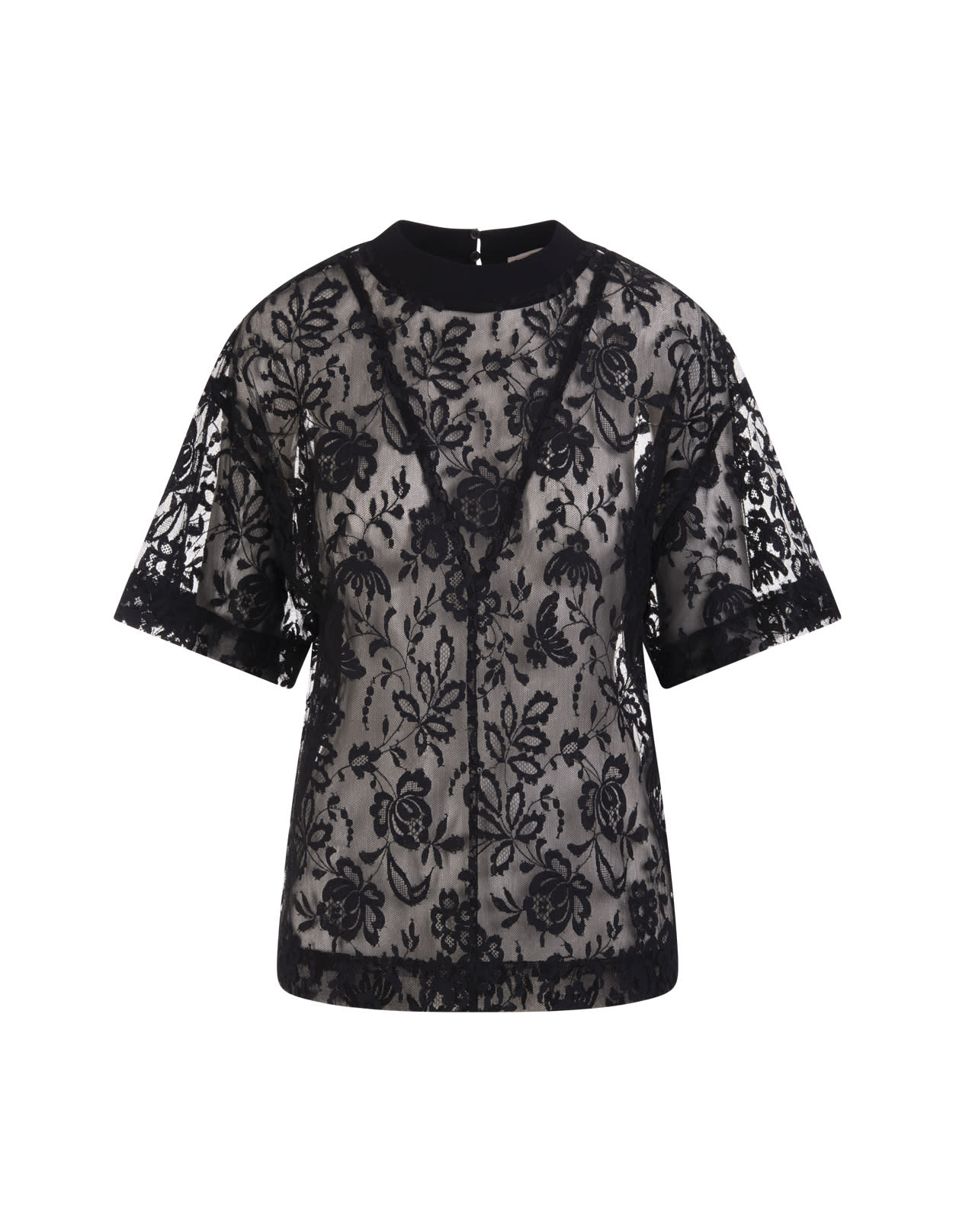 Alexander McQueen Short Sleeve Top In Tulle And Black Floral Lace