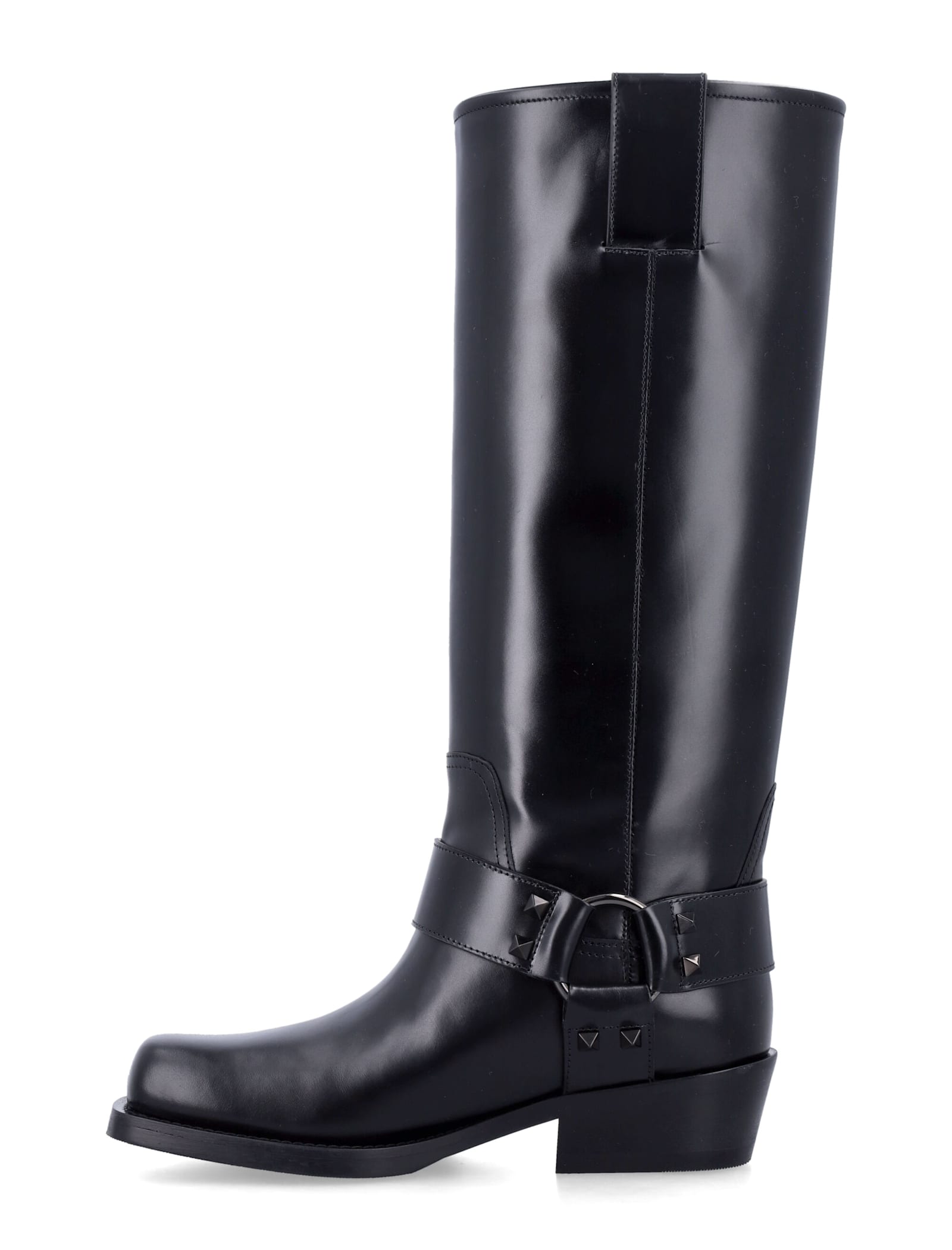 Valentino Rockstud Biker Knee-high Leather Boots In Black