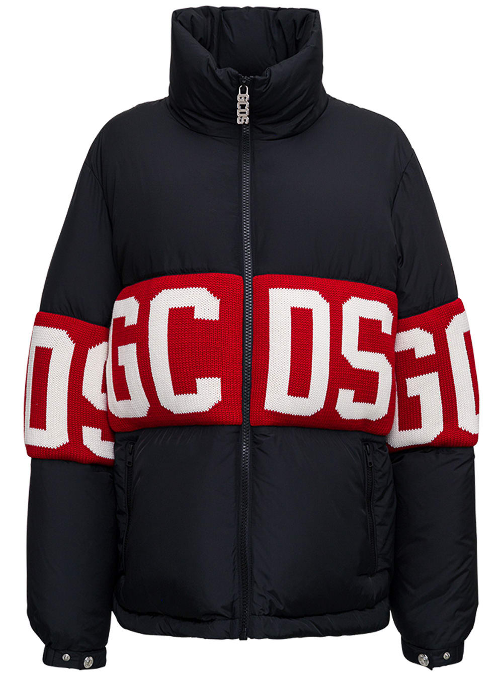 GCDS Black Nylon High Neck Down Jacket With Logo