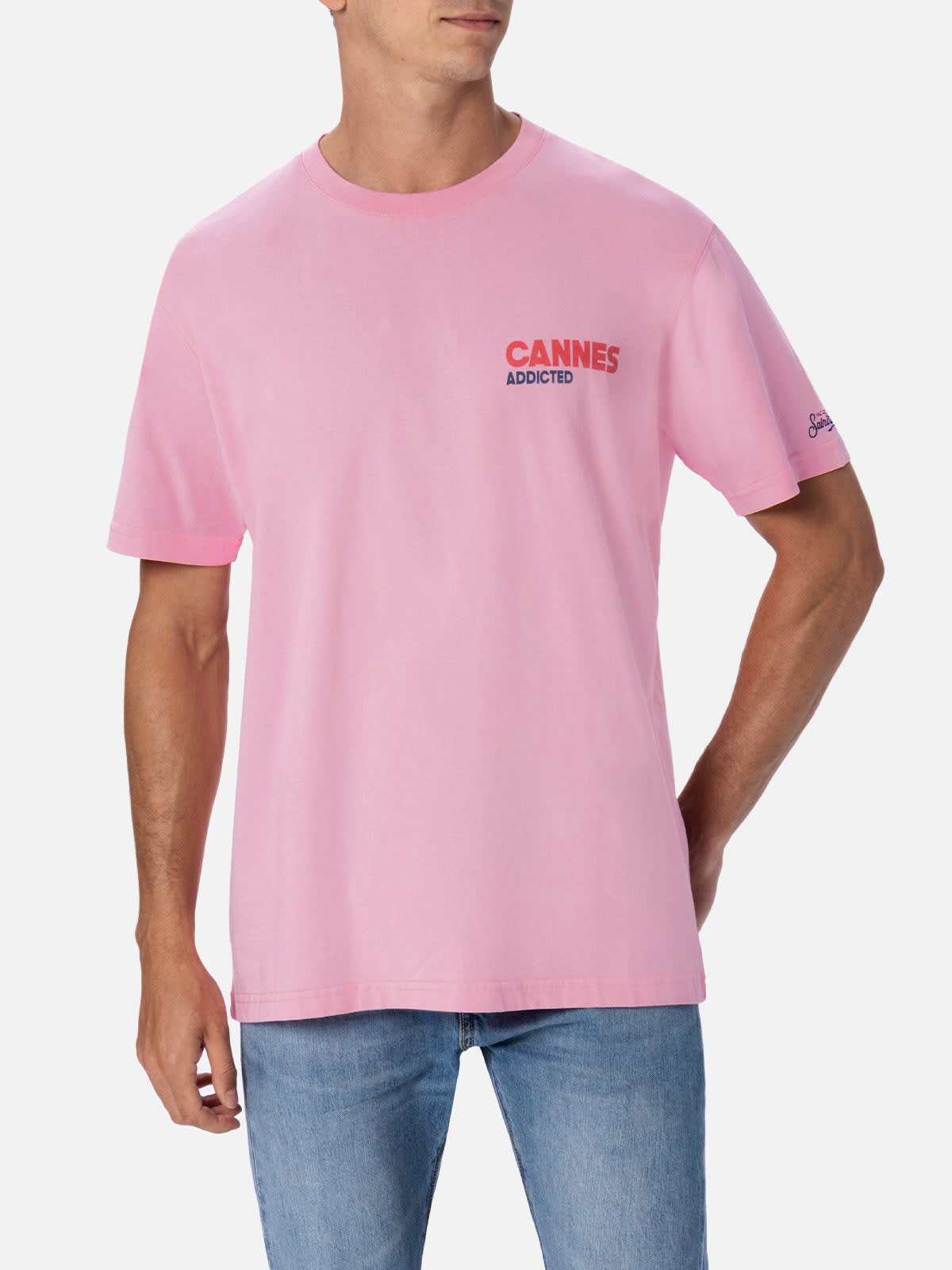 MC2 SAINT BARTH MAN COTTON T-SHIRT WITH CANNES ADDICTED POSTCARD PLACED PRINT