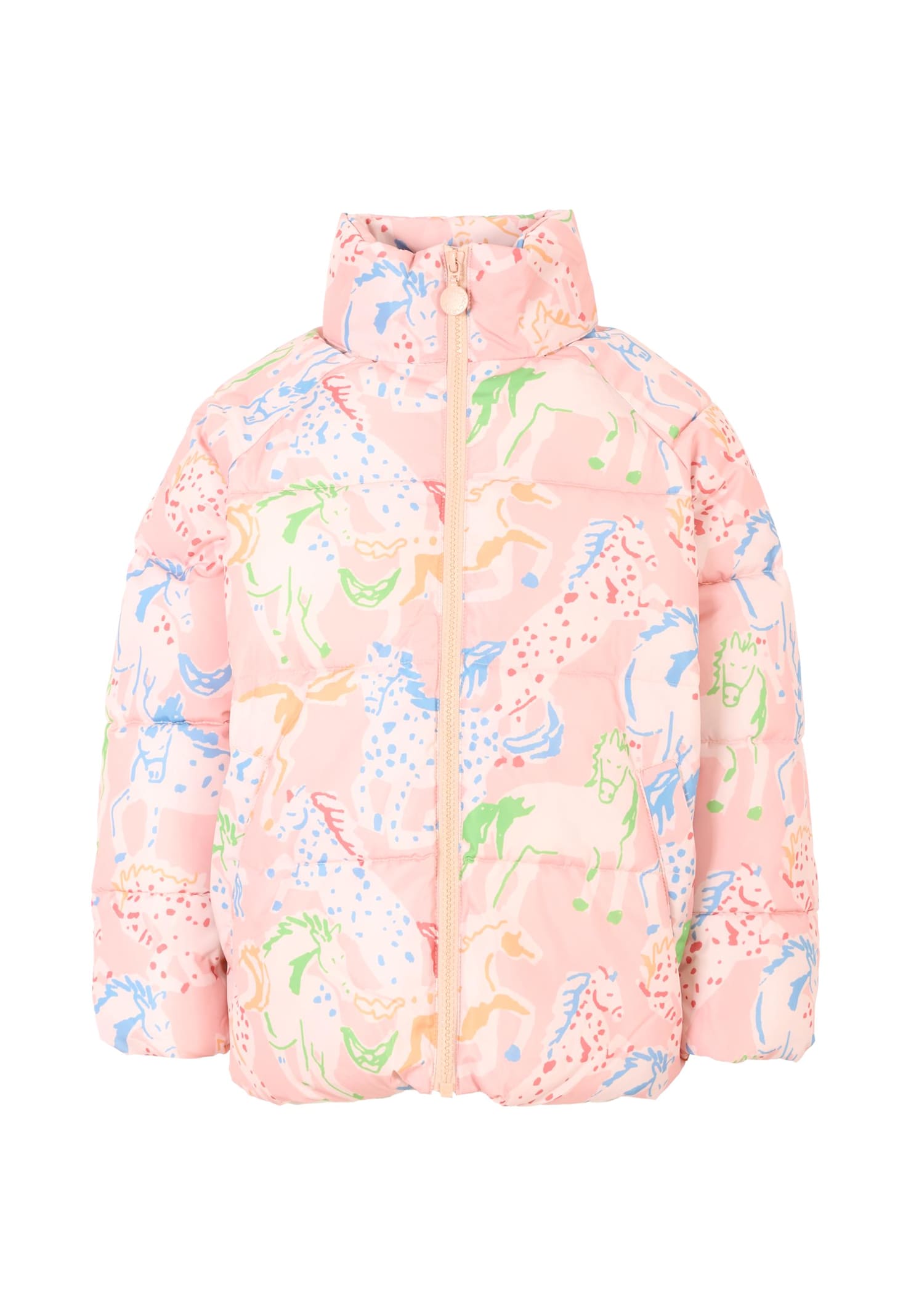 Stella Mccartney Pink Down Jacket For Girl With Colorful Print In Multi
