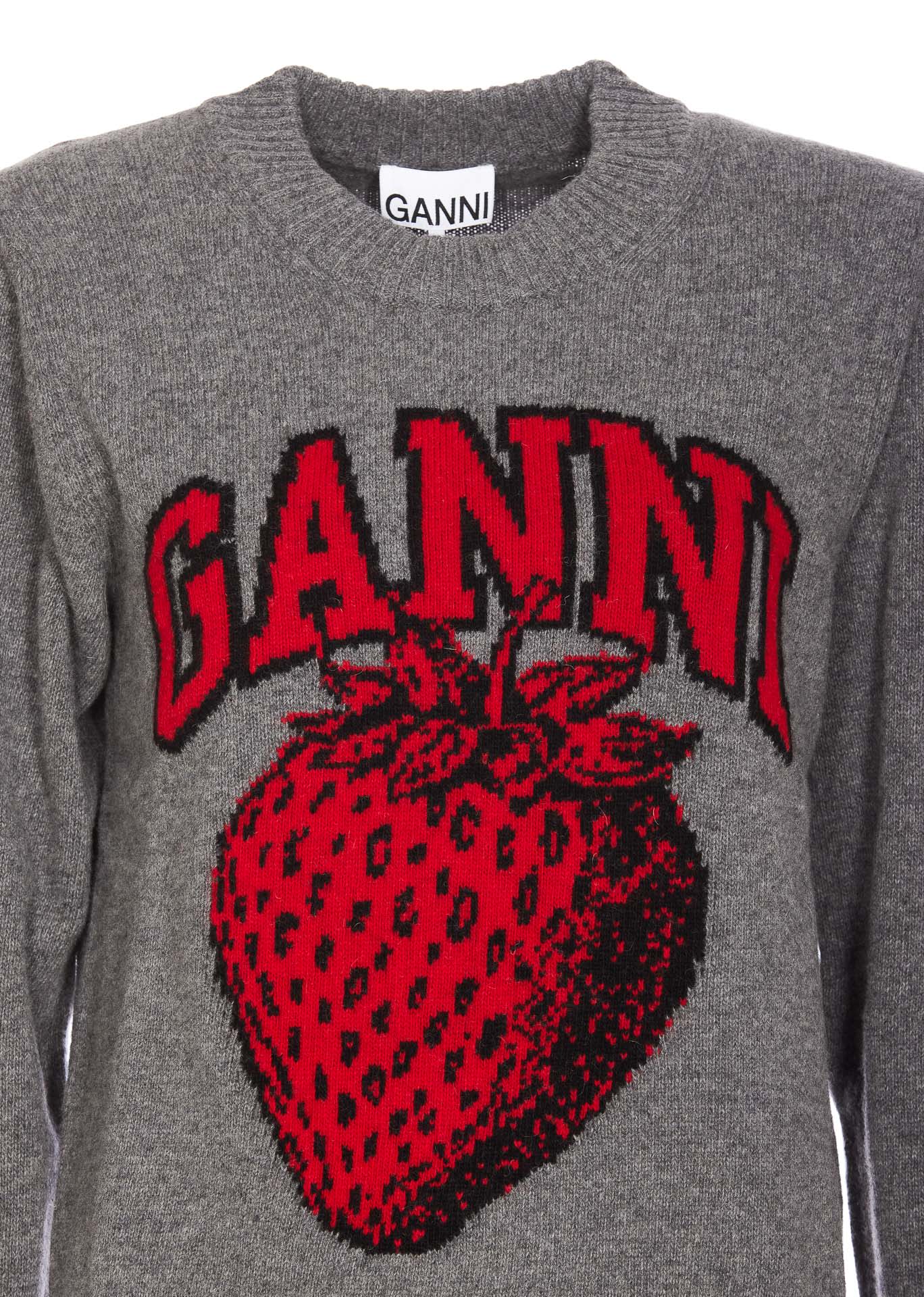 Shop Ganni Graphic Strawberry O-neck Pullover In Grey