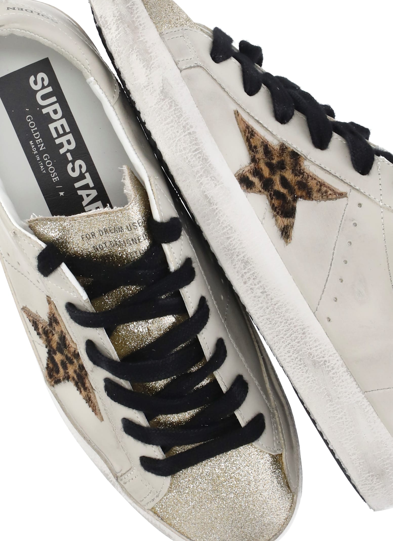 Golden Goose Women Super Star Leather Upper Glitter Toe And Tongue Leather Heel Leopard Horsy Star In White