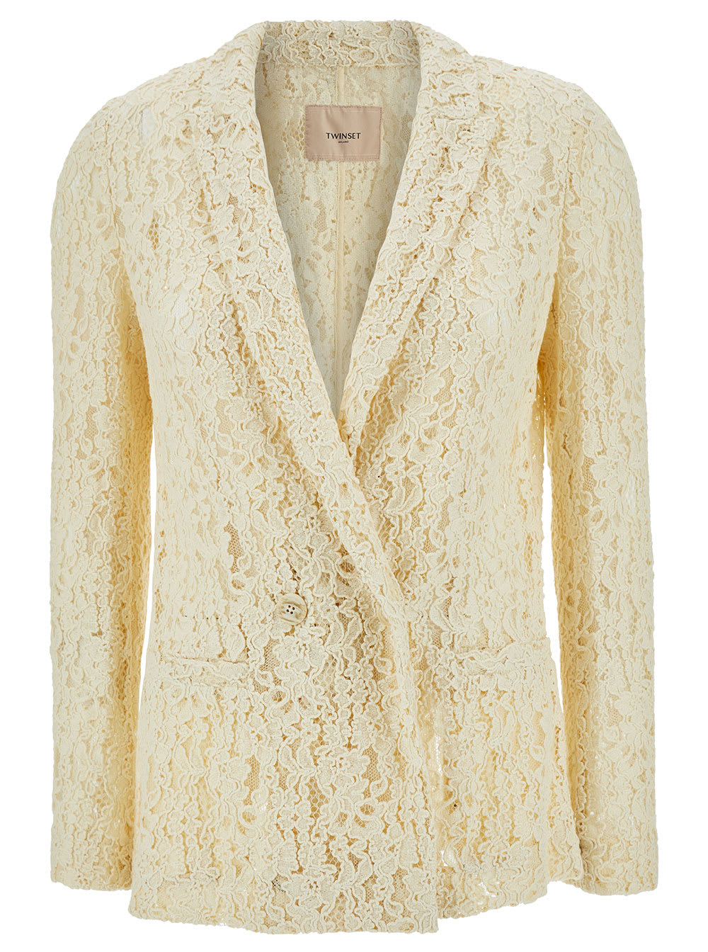 Shop Twinset Cream White Double-breasted Jacket With Logo Patch In Lace Woman In Ivory