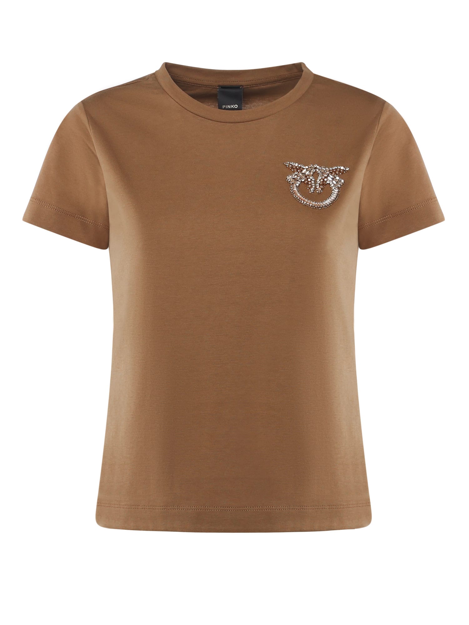 Pinko T-shirt With Crystal Love Birds Logo Embroidery In Brown