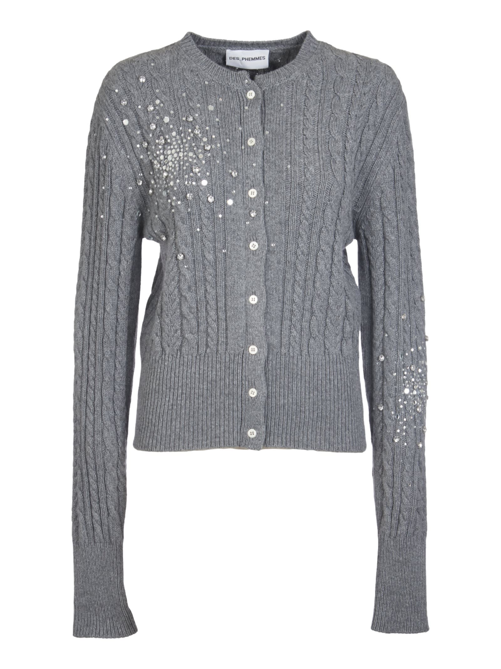 Des Phemmes Crystal Embellished Cable Knit Ribbed Cardigan