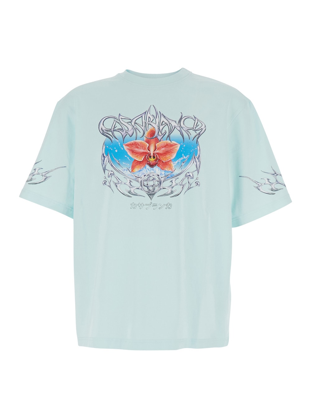 Casablanca Blades Light Blue Crewneck T-shirt With Maxi Print On The Front In Cotton Jersey Man In Blue