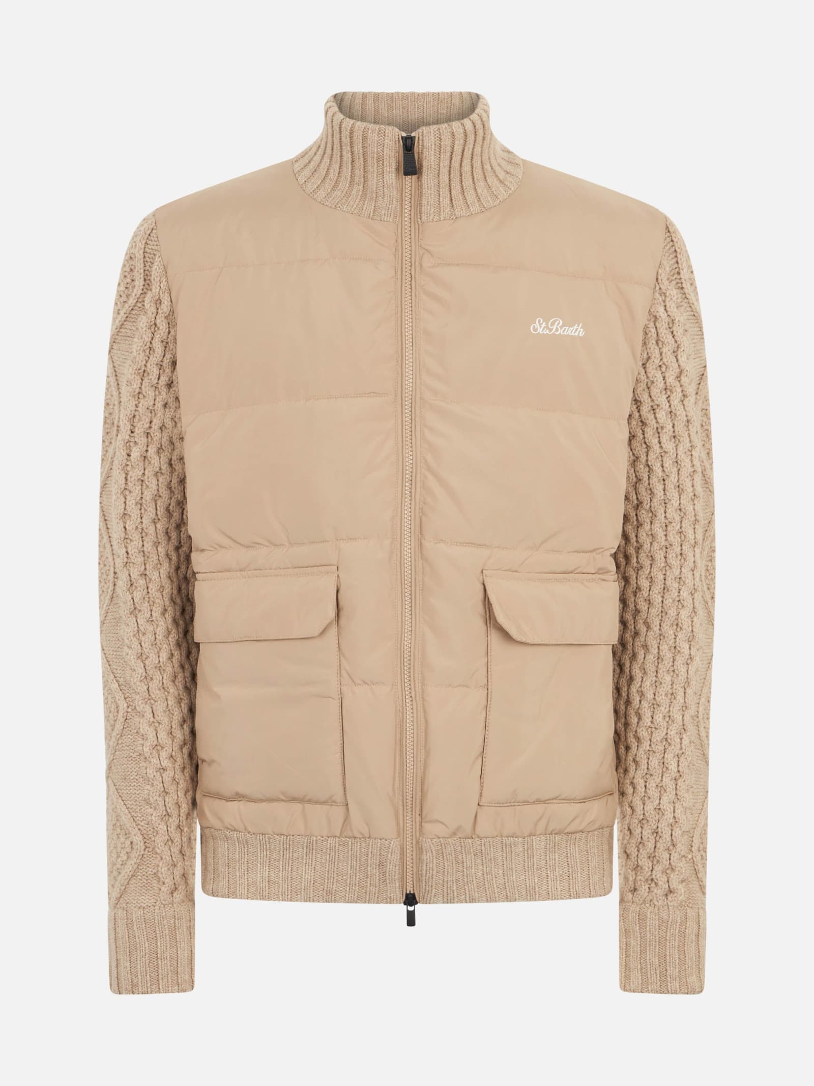 Shop Mc2 Saint Barth Man Beige Padded Jacket With Knitted Braided Sleeves In White