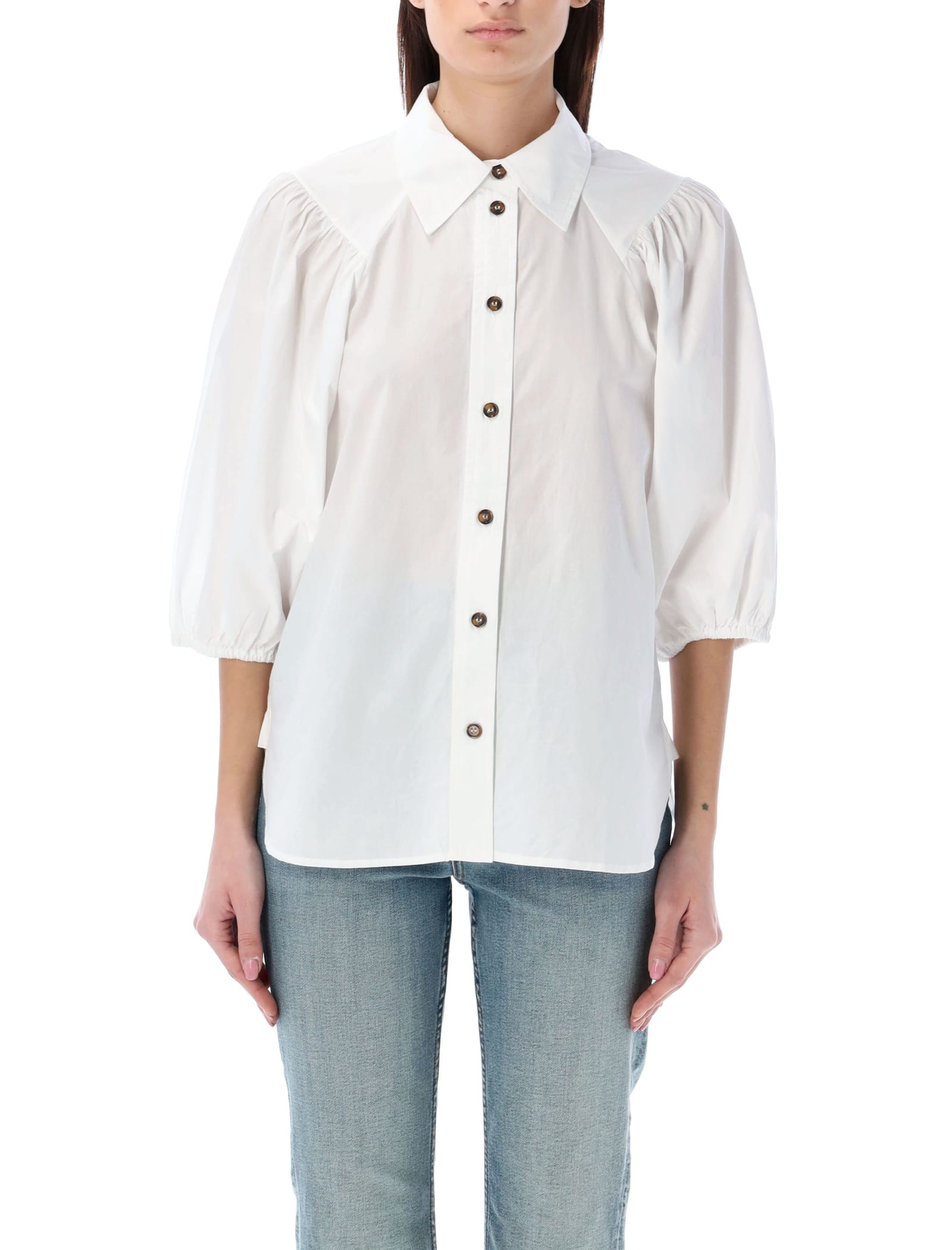 Shop Ganni Puff Sleeves Shirt In White