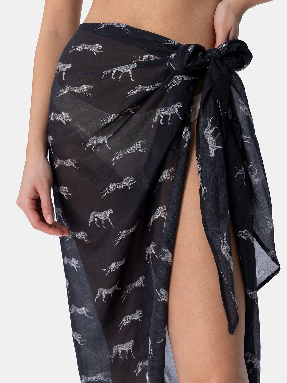 Mc2 Saint Barth Woman Silk Voile Long Pareo Oasi With Animalier Print In Black